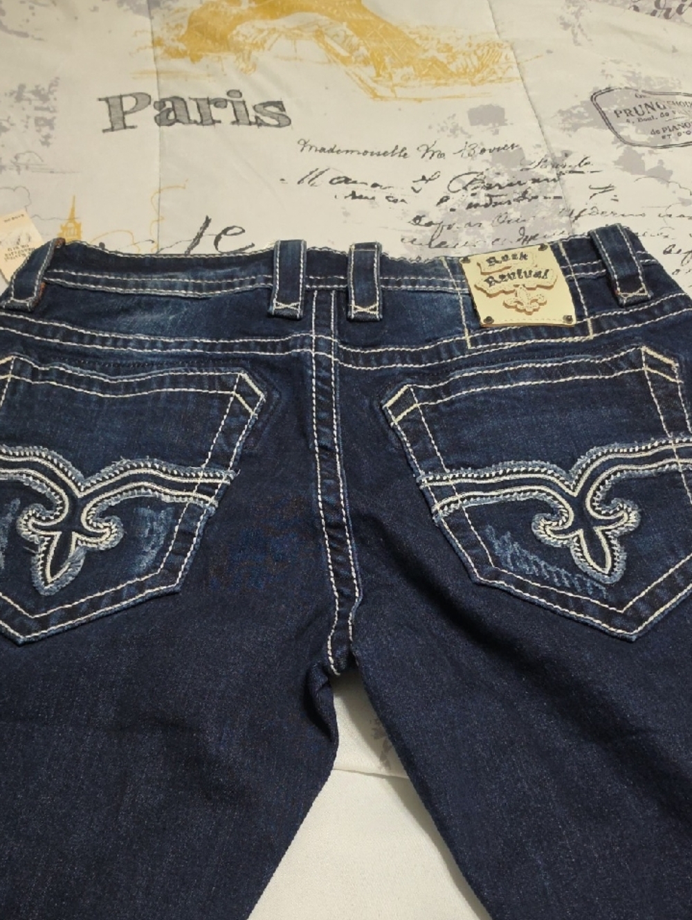 Rock Revival Dark Blue Skinny Jeans with White Embroidered Pockets